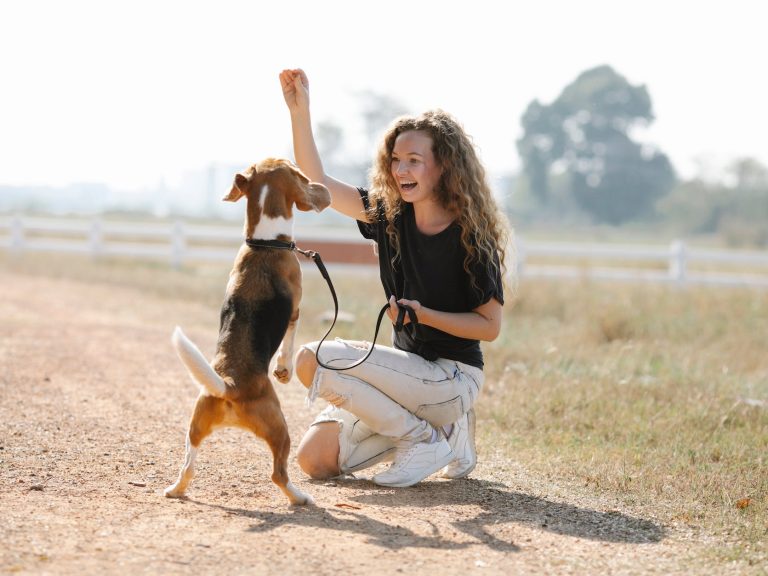 pexels-photo-7210458 excited woman teaching dog to beg